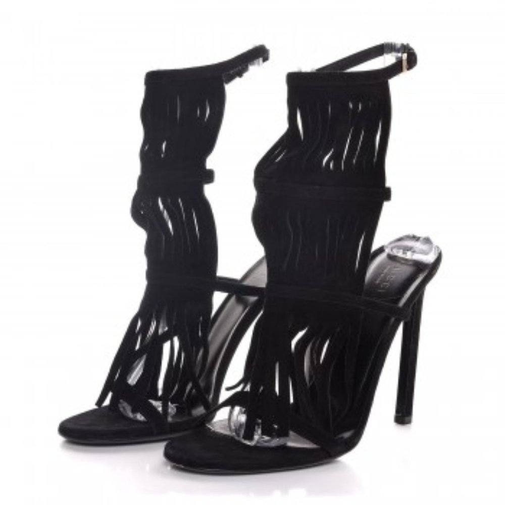 Gucci Becky Fringe Heel Sandals - Black Sz 38.5